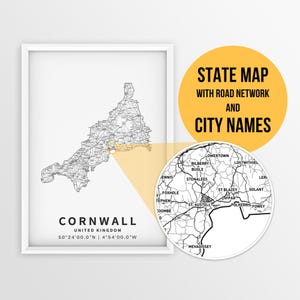 Carte imprimable des Cornouailles, en Angleterre, avec les noms des villes et des routes - Téléchargement immédiat \ Poster Map \ Map Art \ Push Pin Map \ Travel Planner