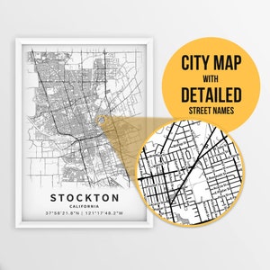 Stockton, Kalifornien, USA mit Straßennamen zum Ausdrucken - Sofortiger Download ~ Karte ~ ~ Karte ~ Stadt / Stadtplan ~ Strassenkarte