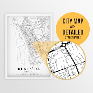 Druckbare Karte Klaipėda, Litauen mit Straßennamen - Sofortiger Download \ Stadt Karte / Reise-Geschenk / Stadt Poster / Strassen Karte / Strassen Karte