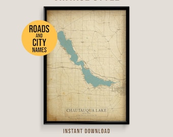 Mapa de estilo vintage del lago Chautauqua, póster imprimible de una casa junto al lago de Nueva York (descarga instantánea)