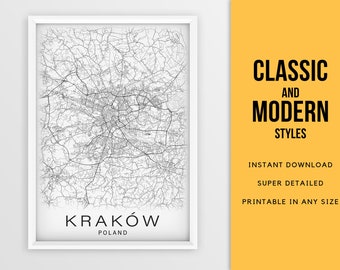 Printable Map of Krakow, Poland (Kraków Cracow City Street Road Map Print) - Instant Download \ City Map \ Wall Art