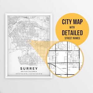 Mapa imprimible de Surrey, Columbia Británica, Canadá con nombres de calles - Descarga instantánea \ Mapa de la ciudad \ Regalo de viaje \ Cartel de la ciudad \ Impresión de mapa
