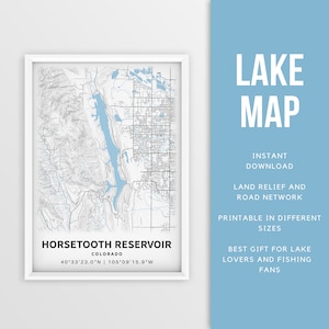 Mapa imprimible del embalse Horsetooth, Colorado - Descarga instantánea \ Mapa del lago \ Cartel del mapa \ Decoración de la casa del lago \ LakeLife \ Pesca \ Paseos en bote