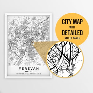 Druckbare Karte von Jerewan, Armenien mit Straßennamen - Sofort Download \ City Map \ Travel Gift \ City Poster \ Road Map Print \ Wall Art