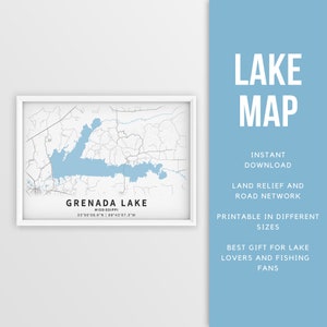 Carte imprimable du lac Grenade, Mississippi, États-Unis - Téléchargement instantané \ Carte du lac \ Affiche de carte \ Lake House Decor \ LakeLife \ Pêche \ Navigation de plaisance