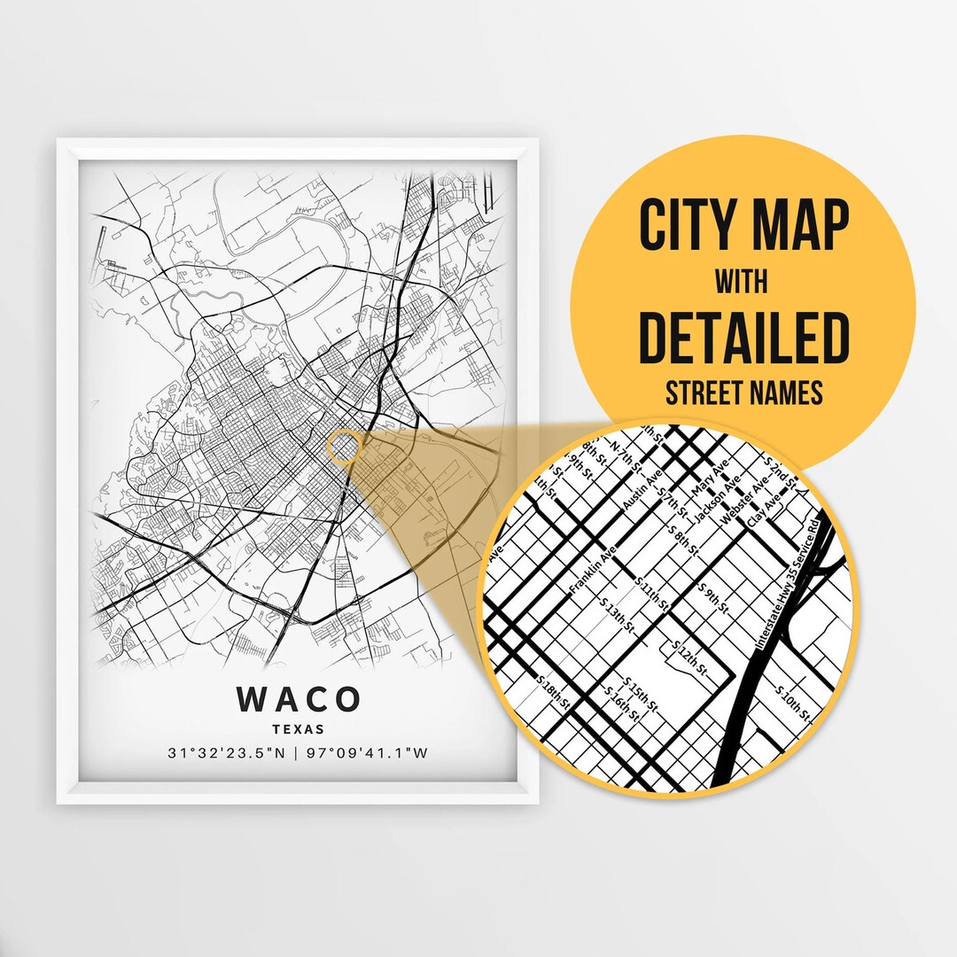 Printable Map of Waco, Texas, United States With Street Names Instant