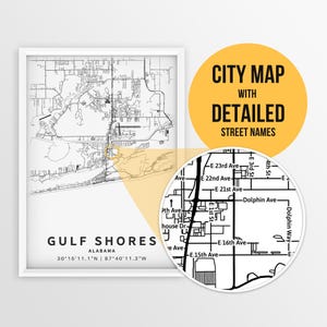 Afdrukbare kaart van Gulf Shores, Alabama, VS met straatnamen - Instant Download \ Stadsplan \ Reiscadeau \ Stadsposter \ Wegenkaart afdrukken