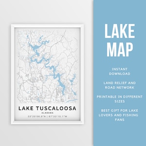 Afdrukbare kaart van Lake Tuscaloosa, Alabama, VS - Instant Download \ Lake Map \ Map Poster \ Lake House Decor \ LakeLife \ Fishing \ Varen