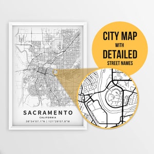 Druckbare Karte von Sacramento, Kalifornien, USA mit Straßennamen - Sofort Download \ City Map \ Travel Gift \ City Poster \ Road Map Print