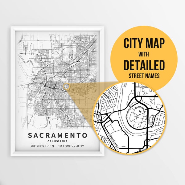 Printable Map of Sacramento, California, USA with Street Names - Instant Download \ City Map \ Travel Gift \ City Poster \ Road Map Print