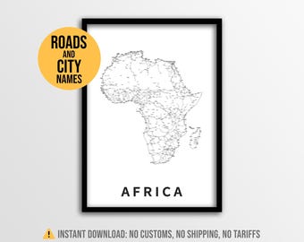 Africa Continent Map Poster, Printable World Map with City Names (Instant Download)