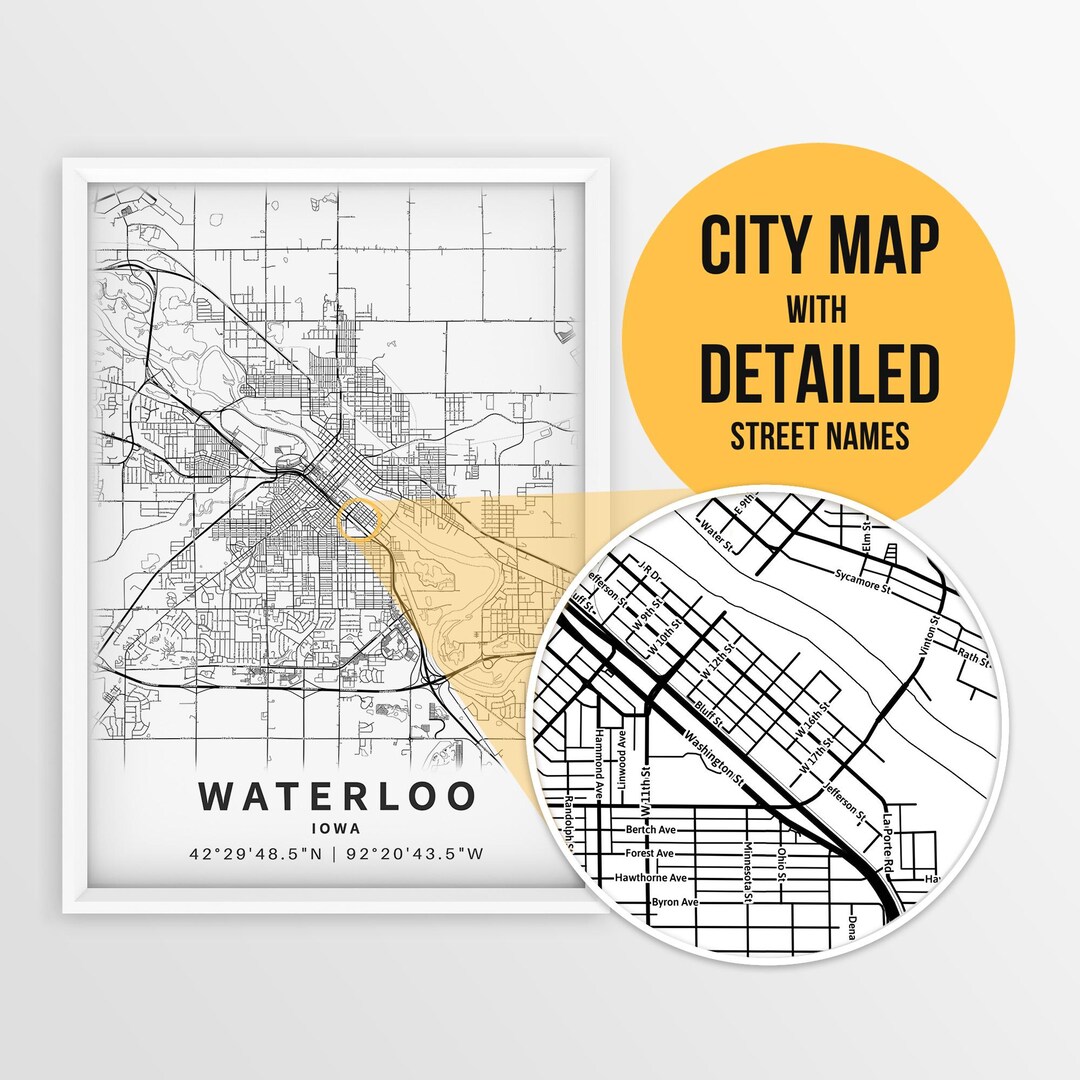 Printable Map of Waterloo, Iowa, USA With Street Names - Instant