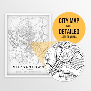 Printable Map of Morgantown, West Virginia, USA with Street Names - Instant Download \ City Map \ Travel Gift \ City Poster \ Road Map Print