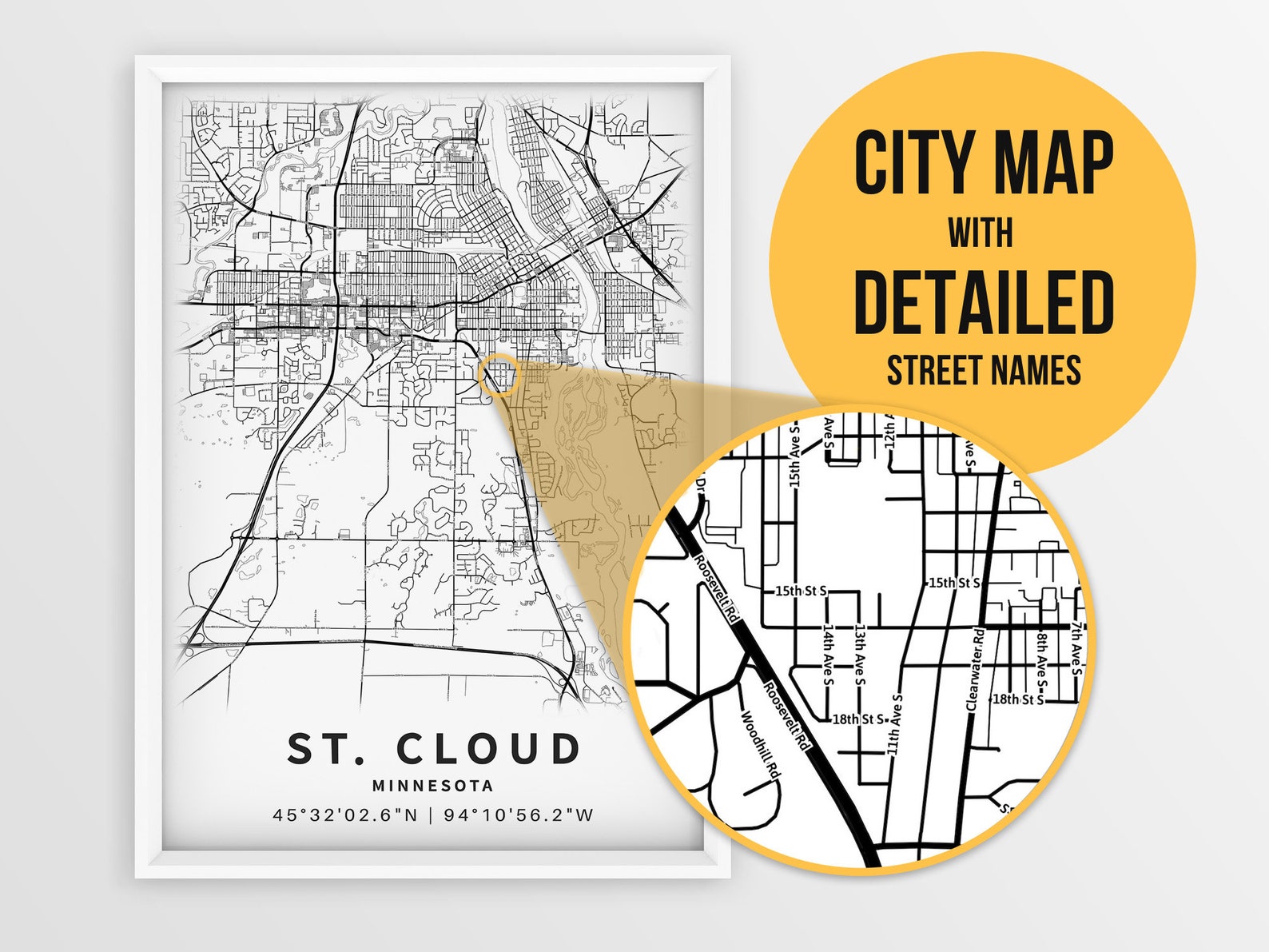 St. Cloud MN Map Print With Street Names Minnesota USA City Etsy
