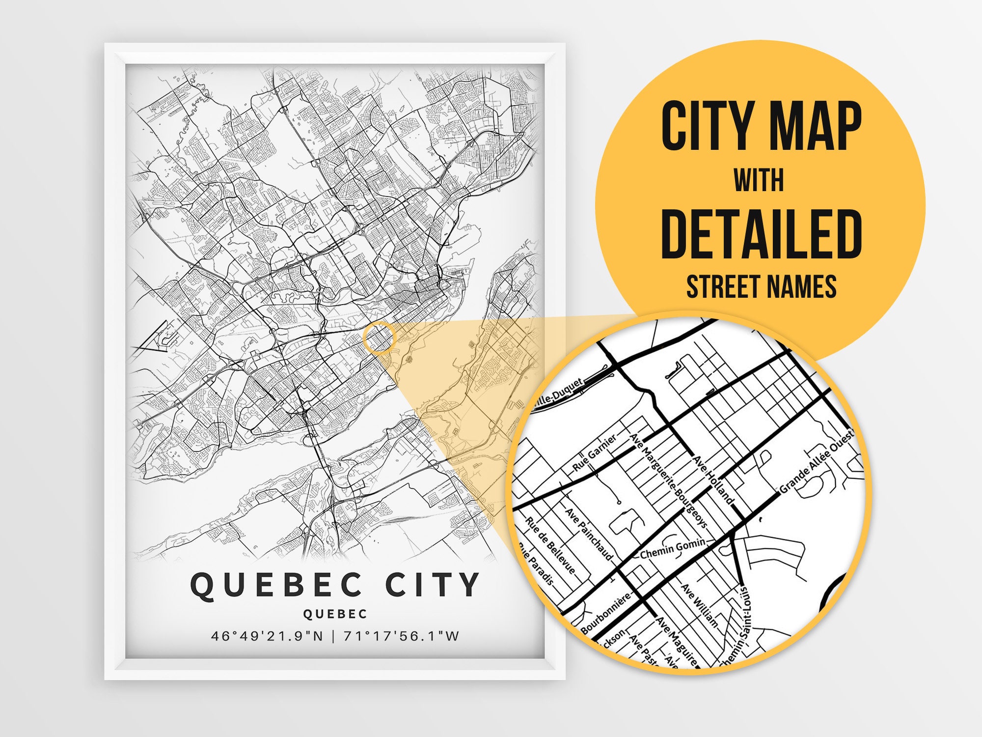 Printable Map of Quebec City Quebec Canada With Street Names - Etsy