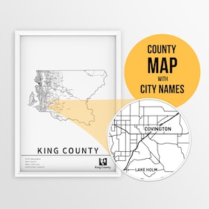 Afdrukbare kaart van King County County, Washington met plaatsnamen en wegen - Instant Download \ Map Print \ Travel Planner \ Punaisekaart
