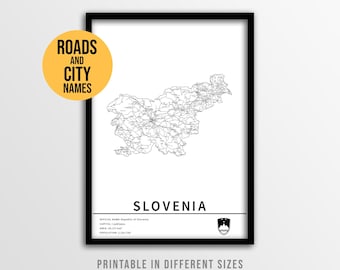 Plakat z mapą Słowenii, mapa drogowa do druku z nazwami miast (do pobrania na bieżąco)