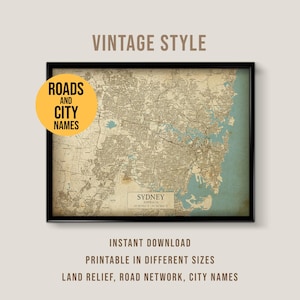 Sydney, Australia Vintage Style Map, Printable Sydney City Poster (Instant Download)