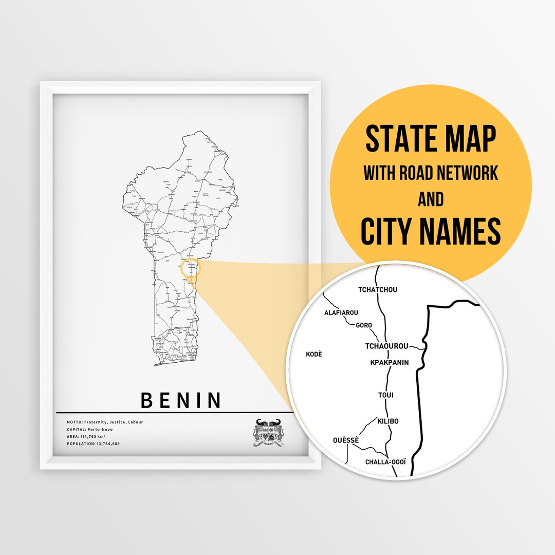 Printable Map of Benin With City Names and Roads Instant Download Country Map Map Print Push Pin ...