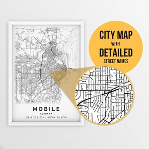 Carte imprimable de Mobile, Alabama, États-Unis avec noms de rues - Téléchargement instantané \ Plan de la ville \ Cadeau de voyage \ Affiche de la ville \ Impression de carte routière