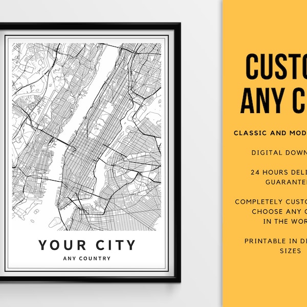 Custom City Map Poster, Any city or town - Digital Download \ City Map \ Wall Art \ Printable Map \ Map art
