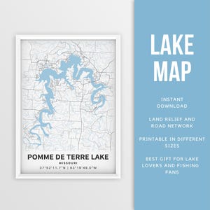 Mapa imprimible del lago Pomme de Terre, Misuri, EE. UU. - Descarga instantánea \ Mapa del lago \ Póster de mapa \ Decoración de casas en el lago \ Vida en el lago \ Pesca \ Navegación