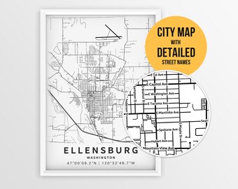 Ellensburg Washington Karte mit Straßennamen, Ellensburg Poster zum Ausdrucken (Instant Download)