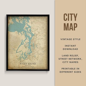 Carte imprimable de style vintage de Puget Sound, Washington, États-Unis - téléchargement immédiat \ île de Whidbey \ art mural \ affiche de carte \ décor de carte \ Tacoma