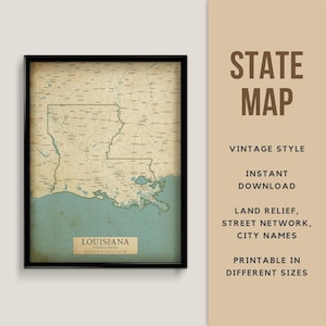 Louisiana Printable Vintage Style Map poster - Instant Download, Road Map, Louisiana Poster, Louisiana Antique Style map, New Orleans map