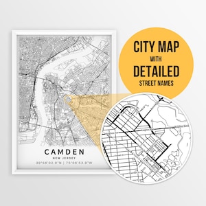 Camden, New Jersey (USA) mit Strassennamen zum Downloaden Stadt Karte Foto Poster