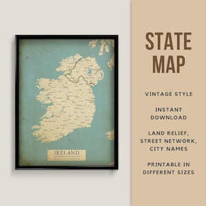 Ireland Printable Vintage Style Map poster - Instant Download, Road Map, Ireland Poster, Ireland Antique Style map, Dublin Ireland map