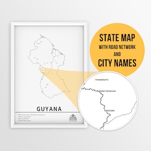 Printable Map of Guyana with city names and roads - Instant Download \ Country Map \ Map Poster \ Push Pin Map \ Travel Planner \ Georgetown