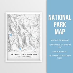 Afdrukbare kaart Death Valley National Park, Death Valley topografie poster - direct downloaden, contourkaart, kaartposter, routekaart, wandelcadeau