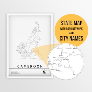 Afdrukbare kaart van Kameroen met stadsnamen en wegen - Instant Download \ Landkaart \ Kaartposter \ Push Pin Map \ Reisplanner \ Wall Art