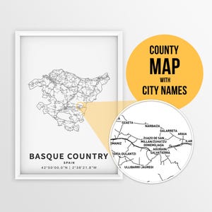 Carte imprimable du Pays basque avec les noms des villes et des routes - Téléchargement immédiat \ Carte du pays \ Carte à épingles \ Planificateur de voyage \ Poster de l'Espagne