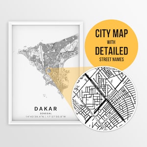 Carte imprimable de Dakar, Sénégal avec les noms des rues - téléchargement immédiat \ plan de la ville \ cadeau de voyage \ affiche de la ville \ impression de carte routière \ plan des rues