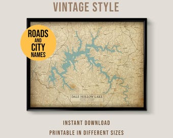 Carte de Style vintage Dale Hollow Lake, affiche imprimable Tennessee Lake House (téléchargement instantané)