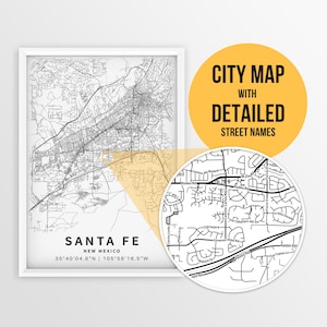 Mapa imprimível de Santa Fé, Novo México, EUA com nome da rua - Download instantâneo \ Mapa da cidade \ Presente de viagem \ Cartaz da cidade \ Impressão de mapa rodoviário
