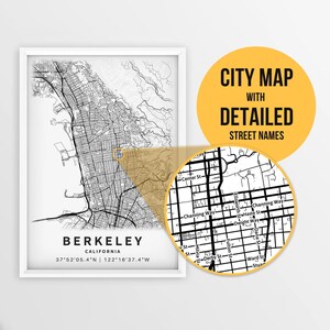 May include: A black and white city map of Berkeley, California with detailed street names. The map is framed in a white frame and is set against a white background. The map includes the coordinates 37°52'05.4"N | 122°16'37.4"W.