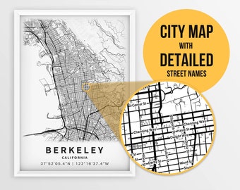 Printable Map of Berkeley, California, USA with Street Names - Instant Download \ City Map \ Travel Gift \ City Poster \ Road Map Print