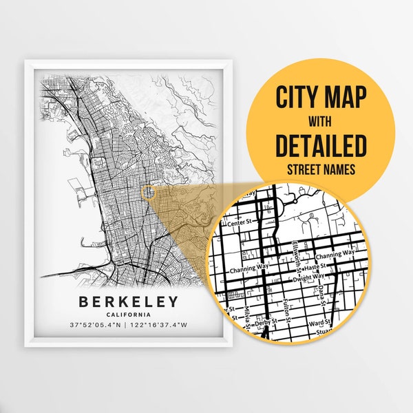 Printable Map of Berkeley, California, USA with Street Names - Instant Download \ City Map \ Travel Gift \ City Poster \ Road Map Print