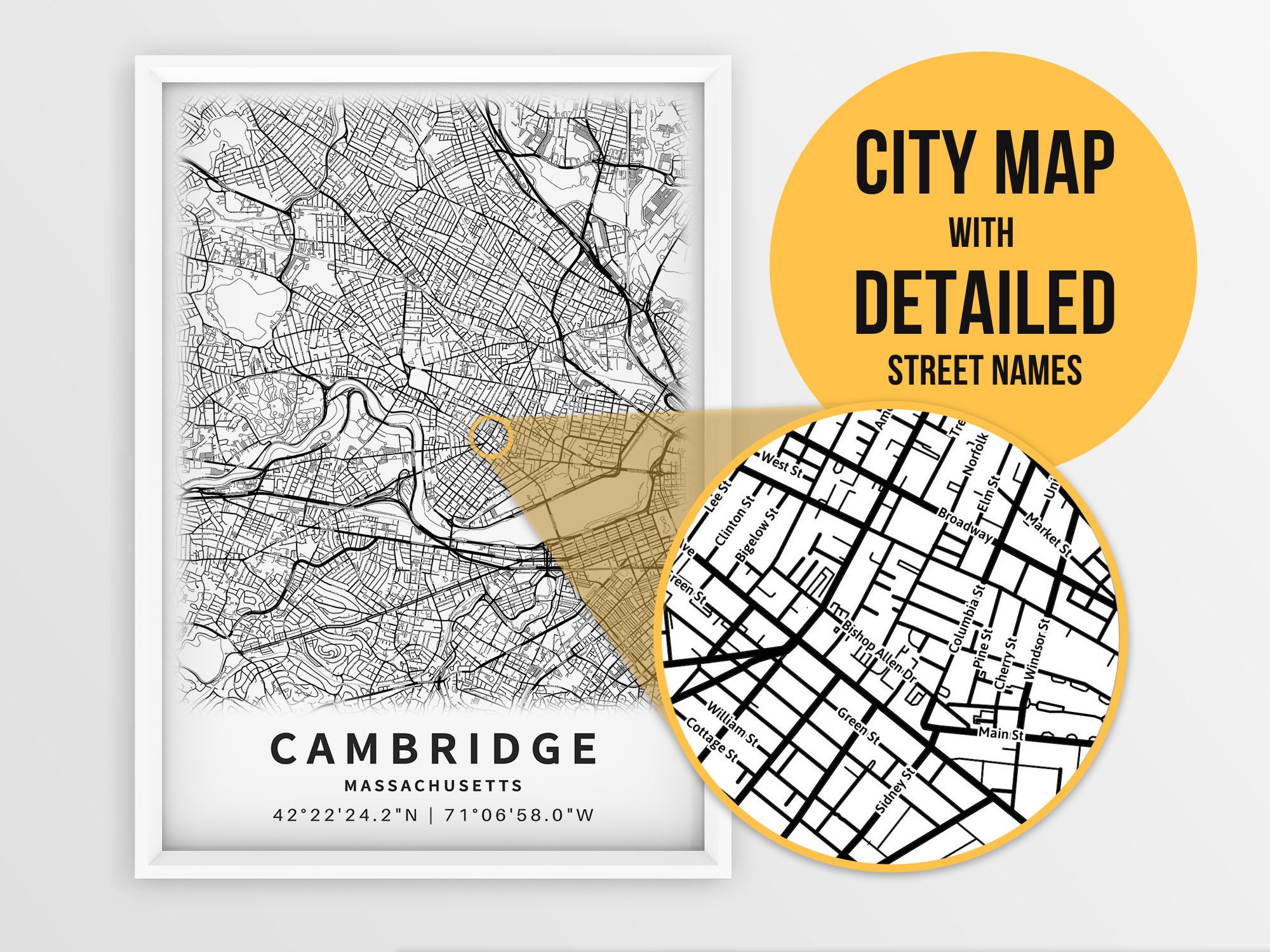 Printable Map of Cambridge Massachusetts MA With Street Names Etsy