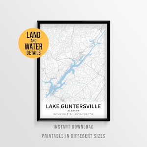 Póster del mapa del lago Guntersville, decoración imprimible para casa en el lago de Alabama (descarga instantánea)