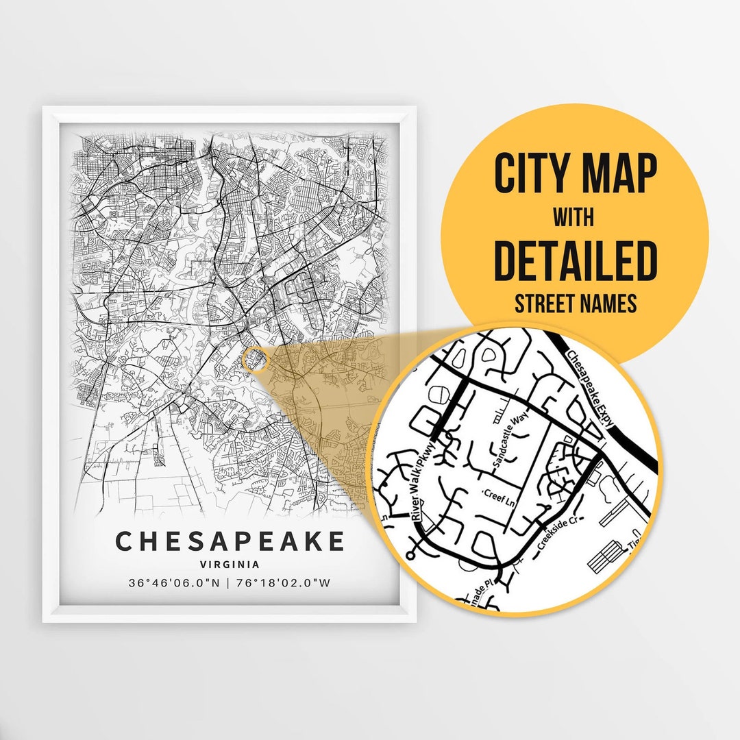 Printable Map of Chesapeake, Virginia, USA With Street Names - Instant ...