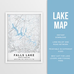 Mapa imprimible de Falls Lake, Carolina del Norte, EE. UU. - Descarga instantánea \ Mapa del lago \ Póster de mapa \ Decoración de casas junto al lago \ Vida en el lago \ Pesca \ Navegación