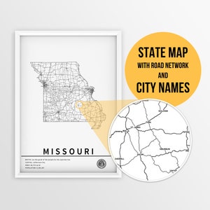 Afdrukbare kaart van Missouri, Verenigde Staten met stadsnamen en wegen - Instant Download \ State Map \ Map Art \ Push Pin Map \ Travel Planner