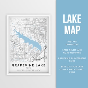 Mapa imprimible de Grapevine Lake, Texas, EE. UU. - Descarga instantánea \ Mapa del lago \ Cartel del mapa \ Decoración de la casa del lago \ LakeLife \ Pesca \ Paseos en bote