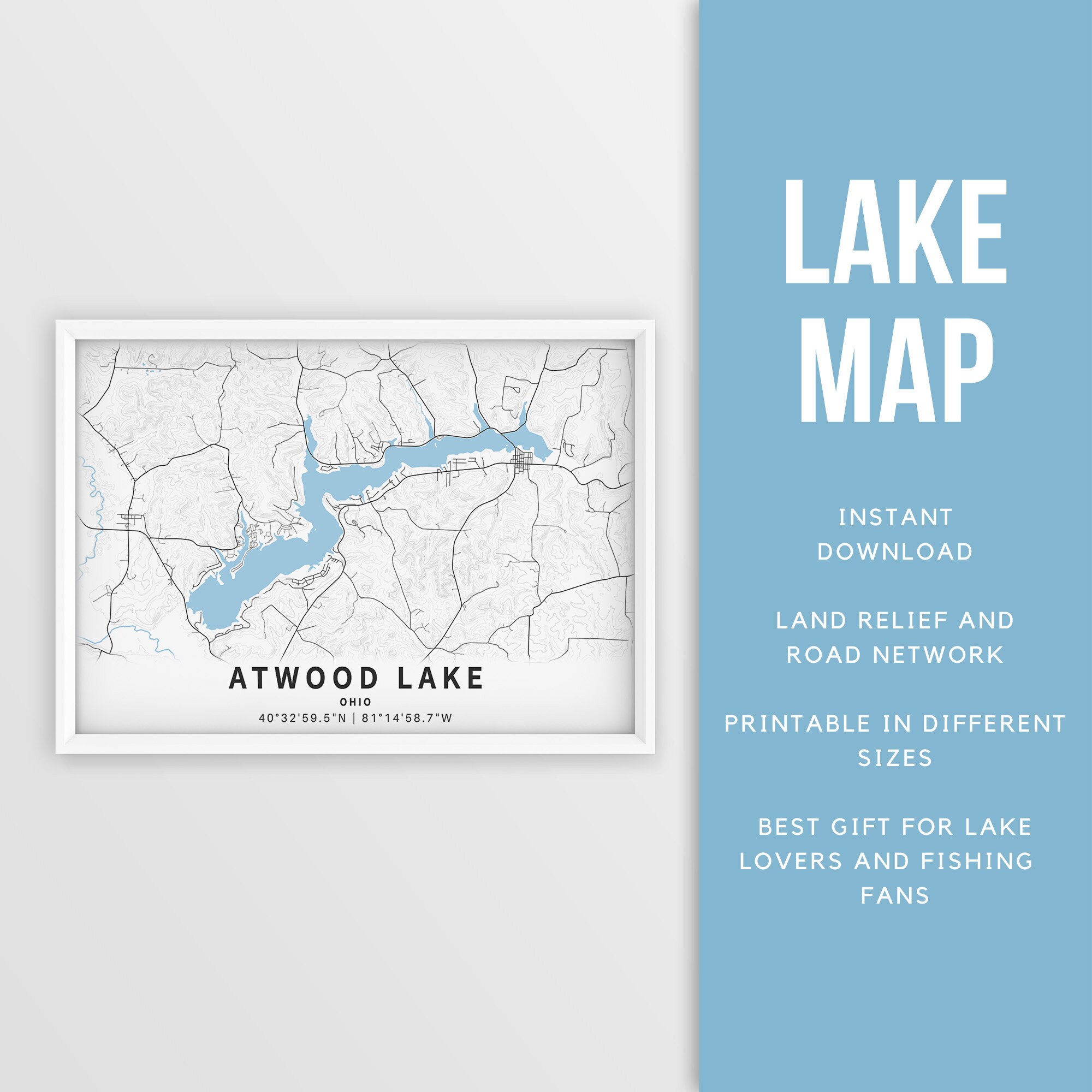 Printable Map of Atwood Lake, Ohio, US - Instant Download \ Lake Map \ Wall Art \ Map Poster \ Lake House Decor \ Fishing \ Boating