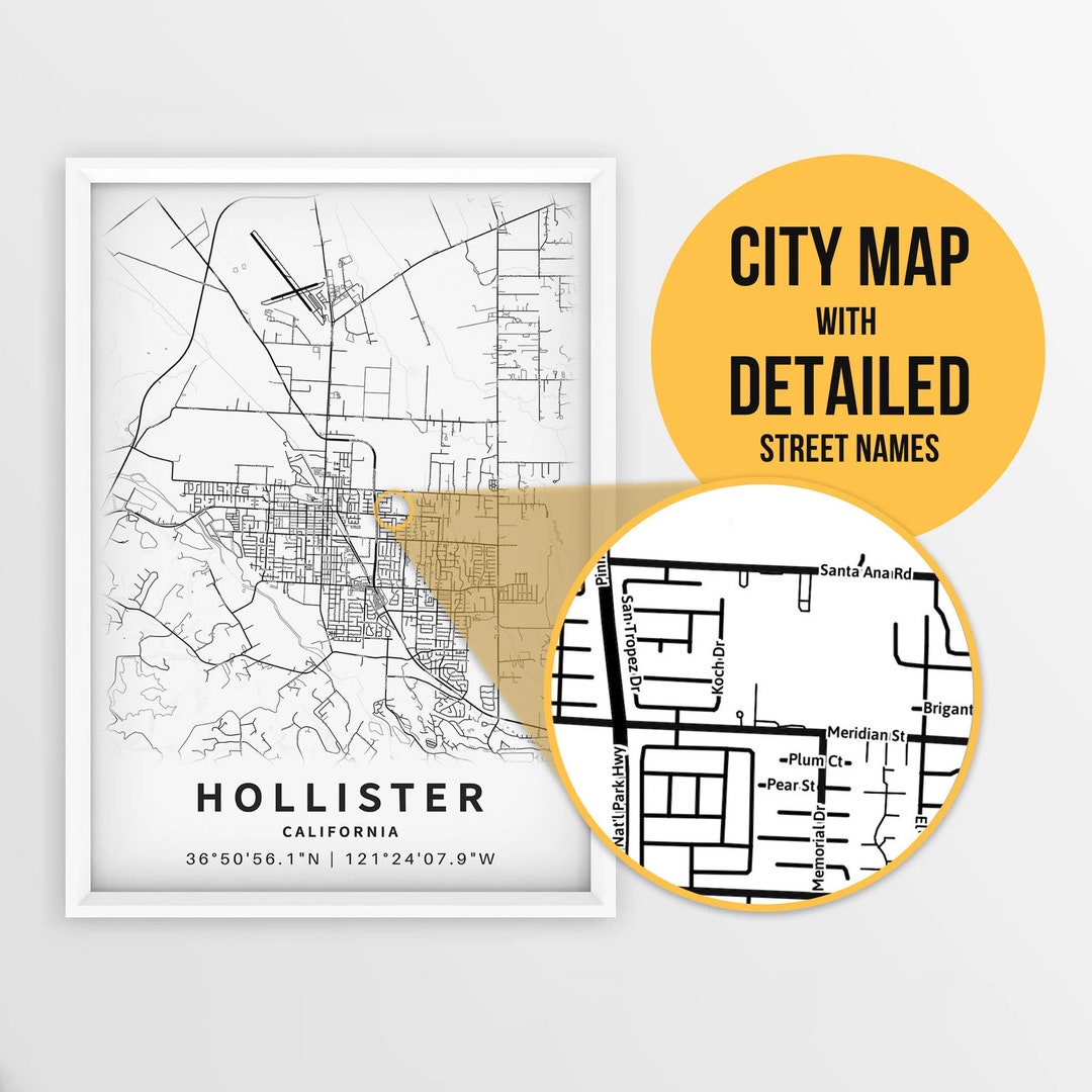 Printable Map of Hollister, California, USA With Street Names - Instant ...