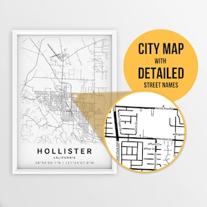Druckbare Karte von Hollister, Kalifornien, USA mit Straßennamen - sofortiger Download ~ Karte ~ ~ Stadt Karte ~ Strassen Karte Print